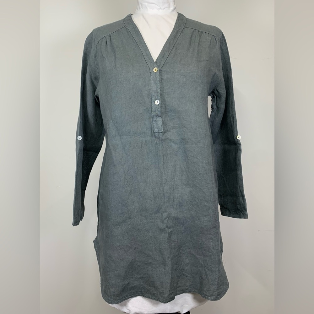 Rosemarine 100% Linen V-Neck Tunic Top Charcoal Grey‎ Roll Tab Sleeve
